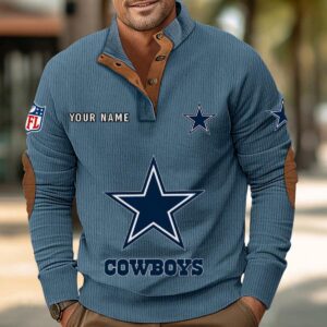 Dallas Cowboys Button Up Shirts Stand Collar Long Sleeve Shirt Elbow Patches