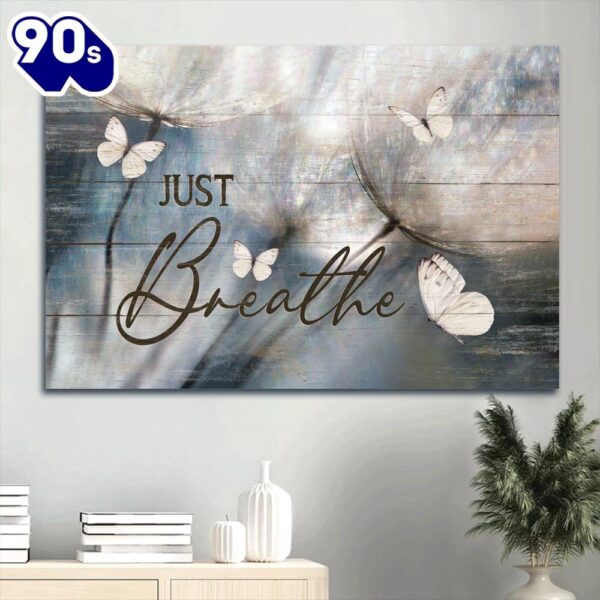 Dandelion Painting White Butterfly Vintage Drawing Just Breathe Canvas Wall Art  Gift For Christmas