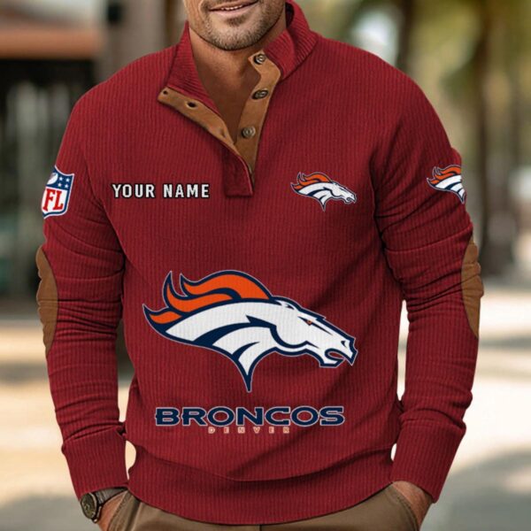 Denver Broncos Button Up Shirts Stand Collar Long Sleeve Shirt Elbow Patches