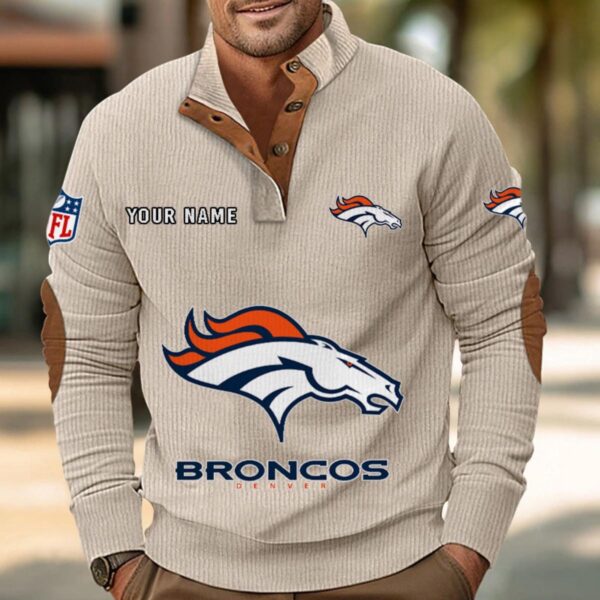 Denver Broncos Button Up Shirts Stand Collar Long Sleeve Shirt Elbow Patches