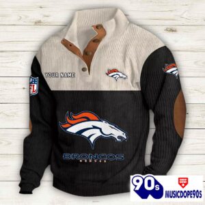 Denver Broncos Button Up Shirts Stand Collar Long Sleeve Shirt Elbow Patches