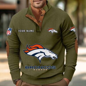 Denver Broncos Button Up Shirts Stand Collar Long Sleeve Shirt Elbow Patches