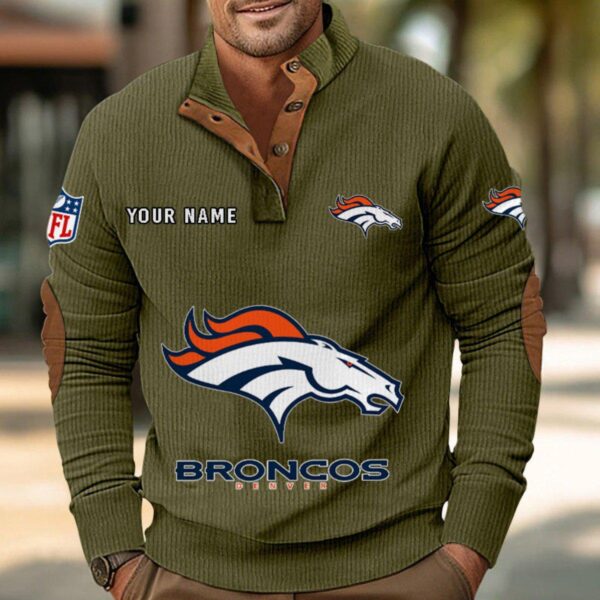 Denver Broncos Button Up Shirts Stand Collar Long Sleeve Shirt Elbow Patches