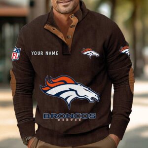 Denver Broncos Button Up Shirts Stand Collar Long Sleeve Shirt Elbow Patches