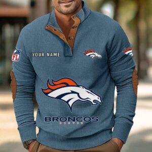 Denver Broncos Button Up Shirts Stand Collar Long Sleeve Shirt Elbow Patches