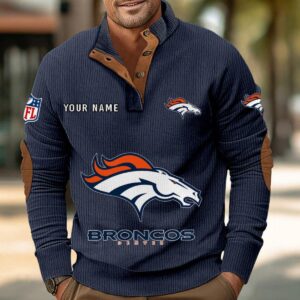 Denver Broncos Button Up Shirts Stand Collar Long Sleeve Shirt Elbow Patches