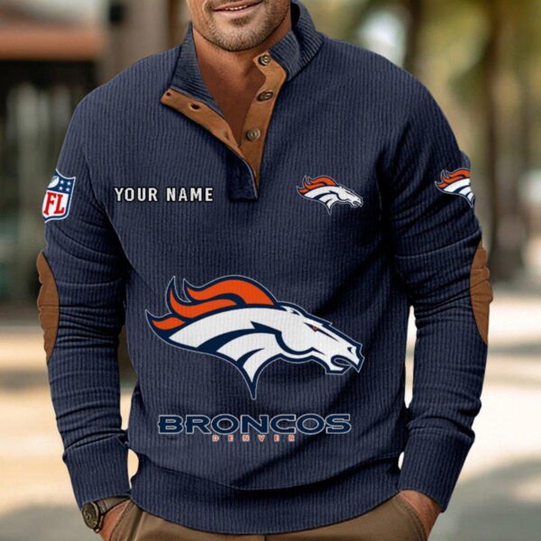 Denver Broncos Button Up Shirts Stand Collar Long Sleeve Shirt Elbow Patches