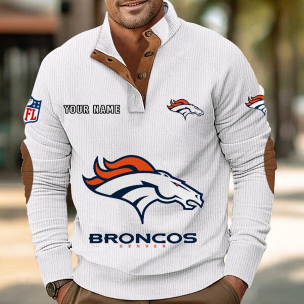 Denver Broncos Button Up Shirts Stand Collar Long Sleeve Shirt Elbow Patches