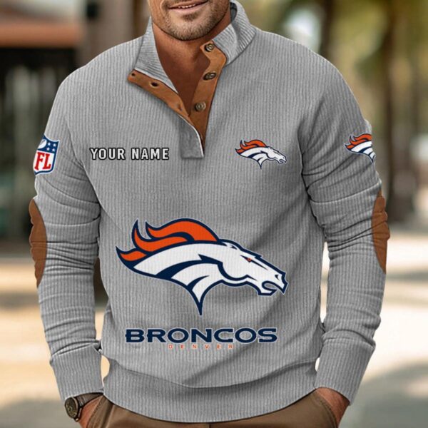 Denver Broncos Button Up Shirts Stand Collar Long Sleeve Shirt Elbow Patches