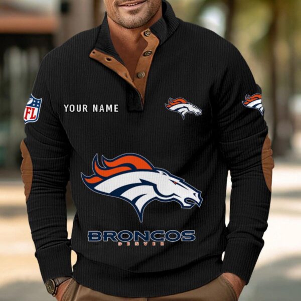 Denver Broncos Button Up Shirts Stand Collar Long Sleeve Shirt Elbow Patches