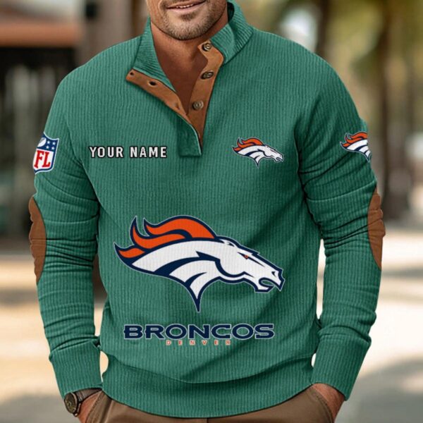 Denver Broncos Button Up Shirts Stand Collar Long Sleeve Shirt Elbow Patches
