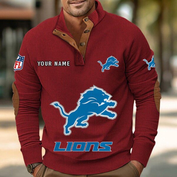 Detroit Lions Button Up Shirts Stand Collar Long Sleeve Shirt Elbow Patches