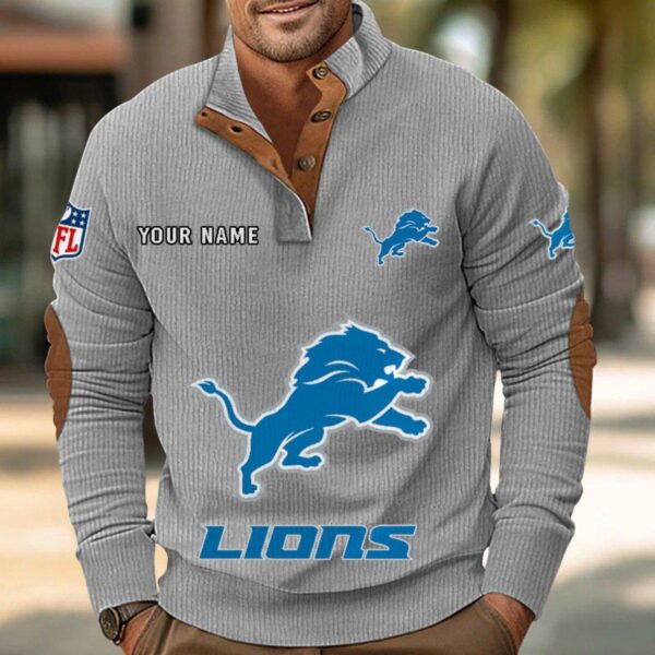 Detroit Lions Button Up Shirts Stand Collar Long Sleeve Shirt Elbow Patches