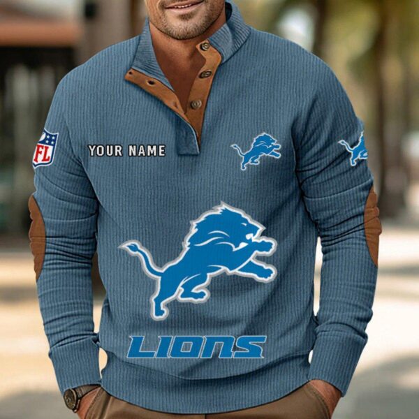 Detroit Lions Button Up Shirts Stand Collar Long Sleeve Shirt Elbow Patches
