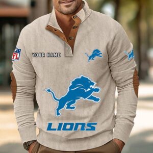 Detroit Lions Button Up Shirts Stand Collar Long Sleeve Shirt Elbow Patches