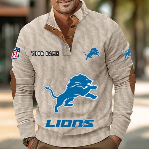 Detroit Lions Button Up Shirts Stand Collar Long Sleeve Shirt Elbow Patches