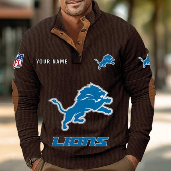 Detroit Lions Button Up Shirts Stand Collar Long Sleeve Shirt Elbow Patches