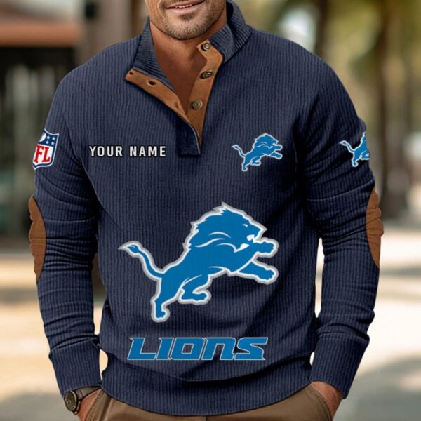 Detroit Lions Button Up Shirts Stand Collar Long Sleeve Shirt Elbow Patches