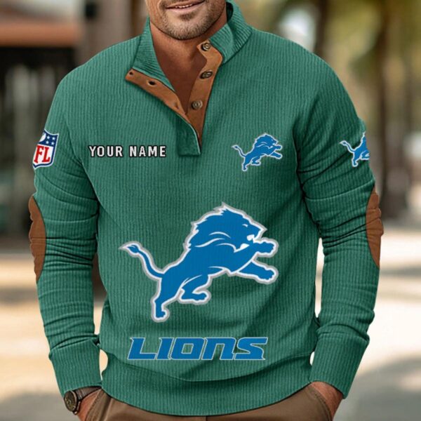 Detroit Lions Button Up Shirts Stand Collar Long Sleeve Shirt Elbow Patches