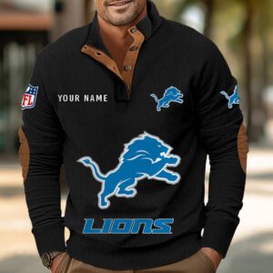 Detroit Lions Button Up Shirts Stand Collar Long Sleeve Shirt Elbow Patches
