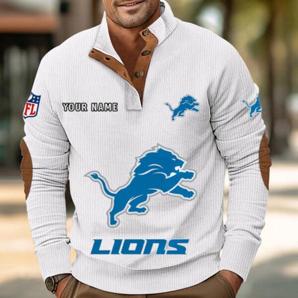 Detroit Lions Button Up Shirts Stand Collar Long Sleeve Shirt Elbow Patches