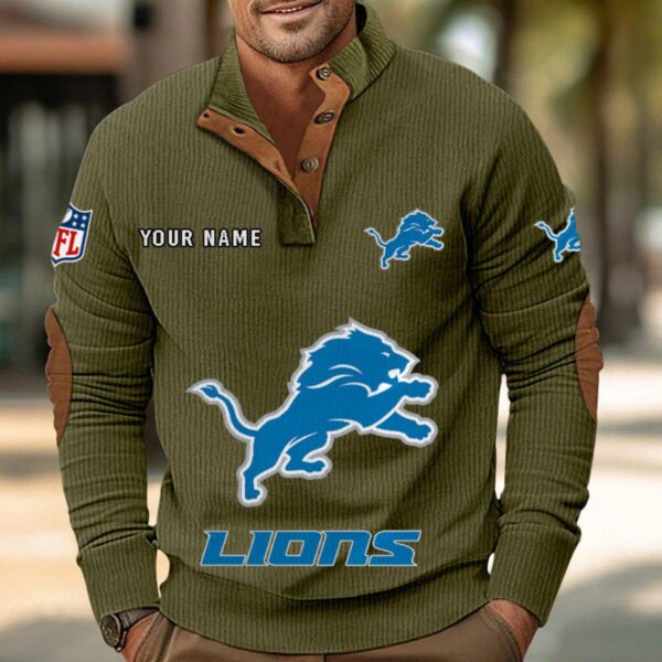 Detroit Lions Button Up Shirts Stand Collar Long Sleeve Shirt Elbow Patches