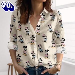 Disney Mickey And Minnie Linen-Look Shirt, Disneyland 2025 Blouse Shirt