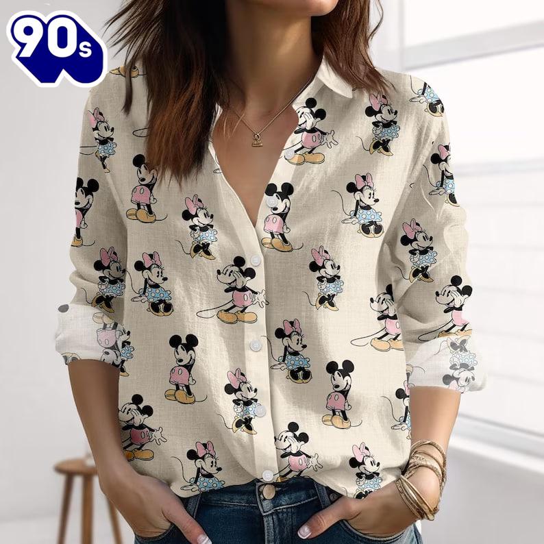 Disney Mickey And Minnie Linen-Look Shirt, Disneyland 2025 Blouse Shirt Disney Mickey And Minnie Linen-Look Shirt, Disneyland 2025 Blouse Shirt