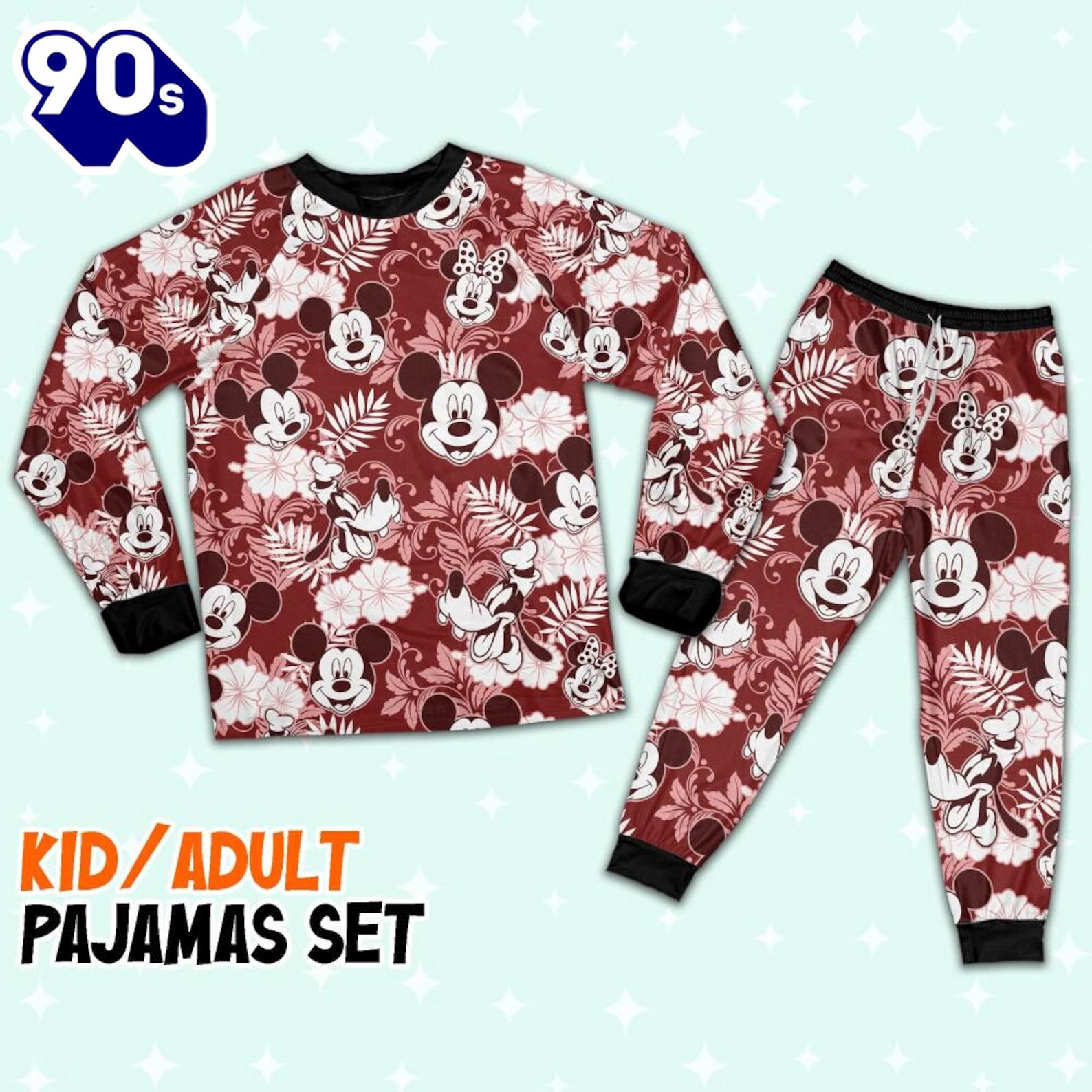 Disney Mickey Minnie Goofy Seamless Summer Tropical Red Style Pajamas Set - Family Disneyland Matching Pajamas Set Disney Mickey Minnie Goofy Seamless Summer Tropical Red Style Pajamas Set - Family Disneyland Matching Pajamas Set