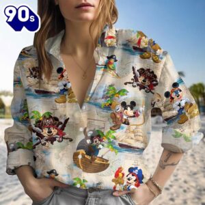 Disney Mickey Mouse Pirate Treasure Map Linen-Look Shirt, Mickey Button Up Shirt