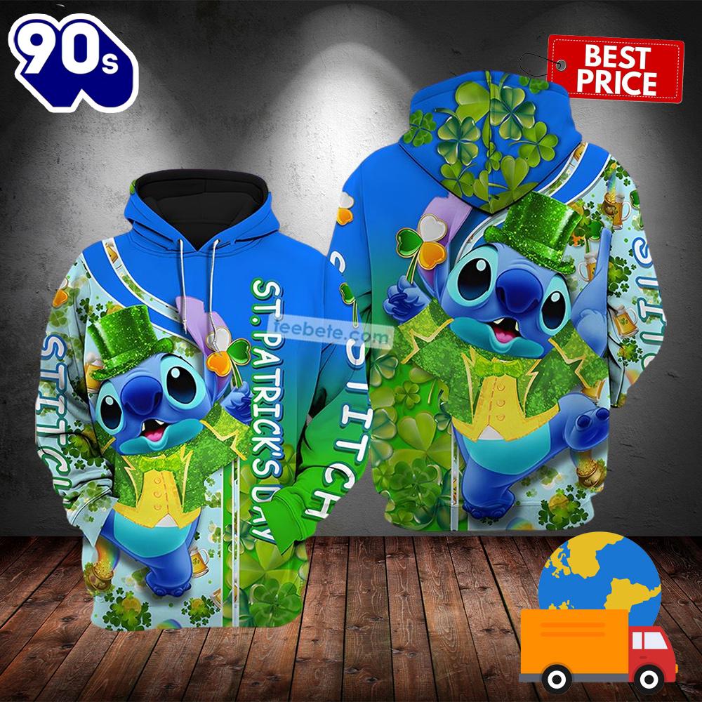 Disney Stitch With St Patrick Day Green 3D Pullover Hoodie 2025 Disney Stitch With St Patrick Day Green 3D Pullover Hoodie 2025