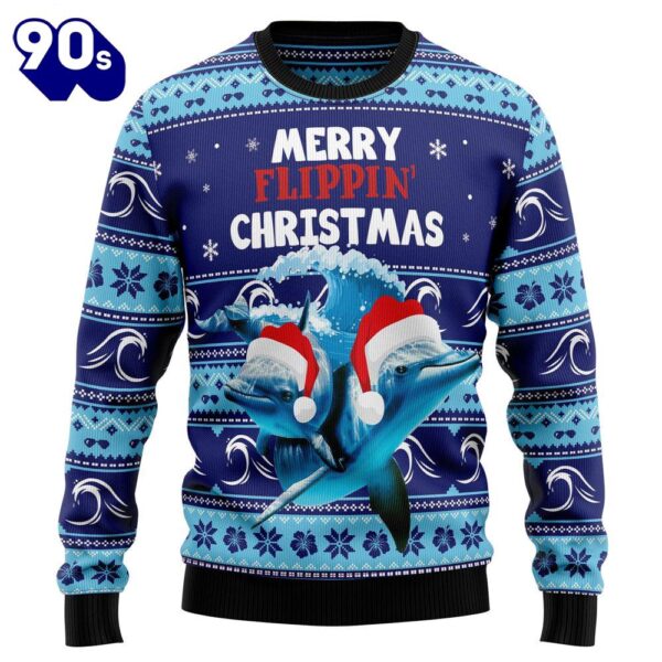 Christmas 2024  Dolphin Flippin’ Christmas Sea Pattern Ugly Christmas Sweater