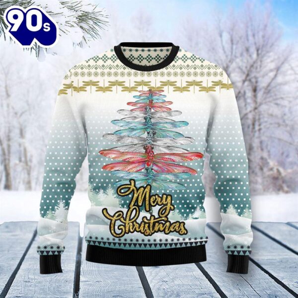 Christmas 2024  Dragonfly Color Mery Christmas Tree Pattern Ugly Christmas Sweater