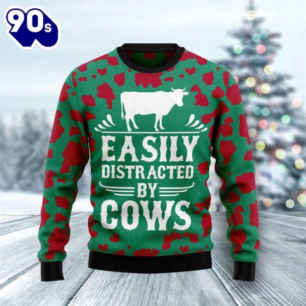 Christmas 2024  Easily Distracted By Cows Ugly Christmas Sweater