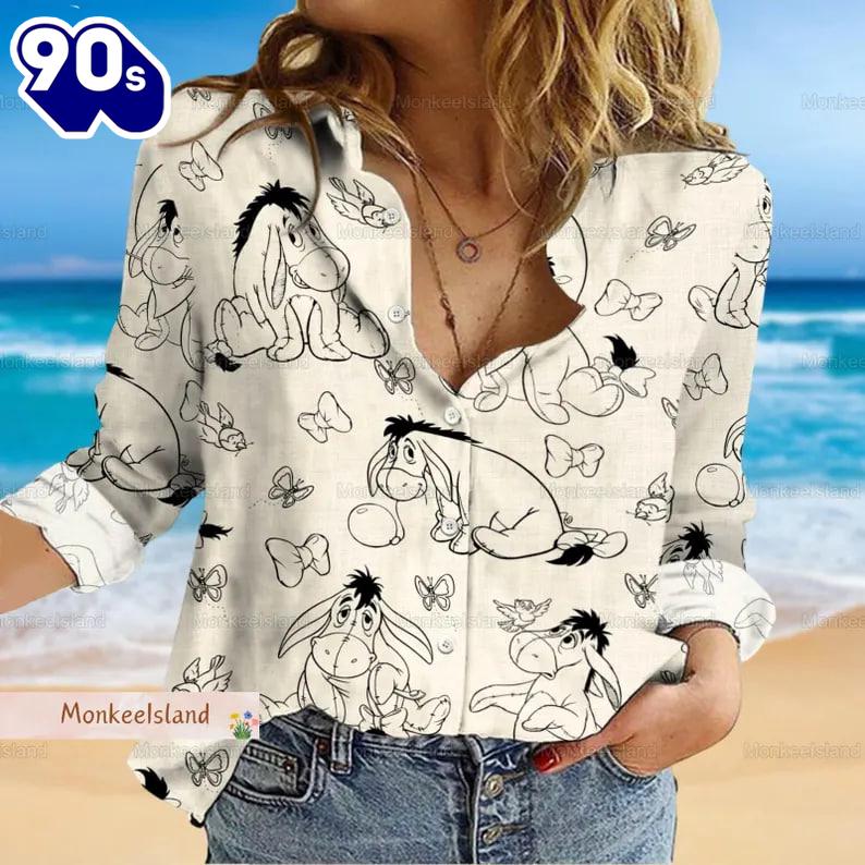 Eeyore Winnie The Pooh Linen-Look Shirt, Disney Eeyore Women Blouses Eeyore Winnie The Pooh Linen-Look Shirt, Disney Eeyore Women Blouses