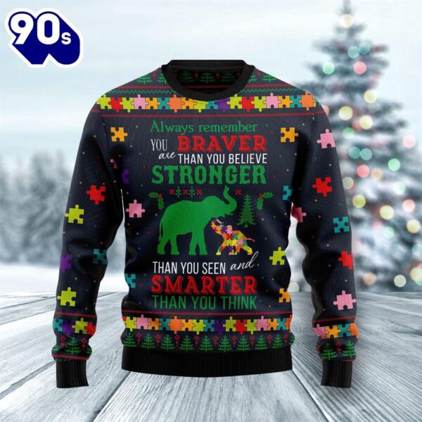 Christmas 2024  Elephant Autism Awareness Ugly Christmas Sweater