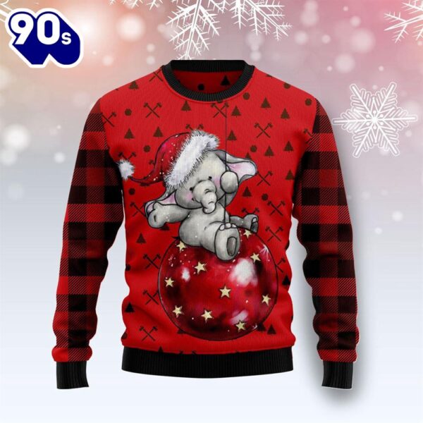 Christmas 2024  Elephant Cute Red Pattern Ugly Christmas Sweater