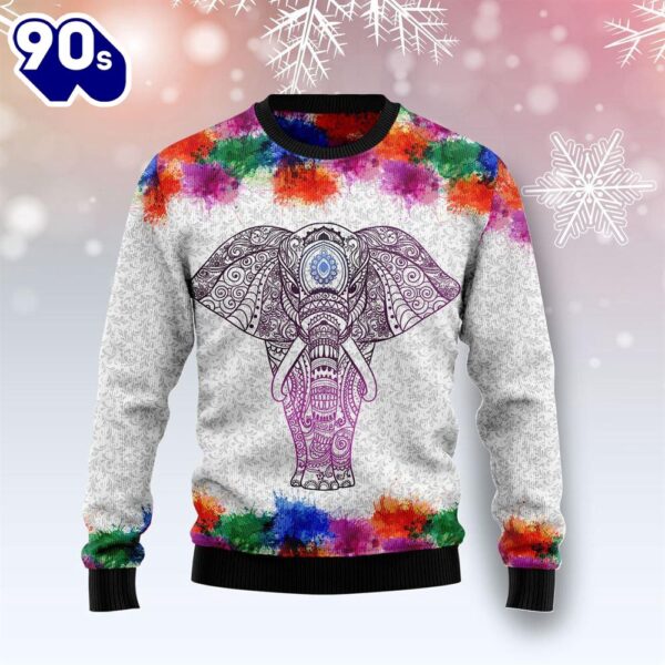 Christmas 2024  Elephant Mandala Color Ugly Christmas Sweater