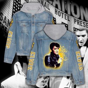 Elvis Presley Golden Suit King Of Rock Christmas Denim Hood Jacket For Fans – Elvis Hooded Denim Jacket
