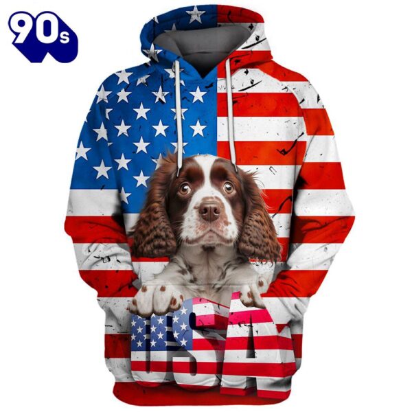 English Springer Spaniel Dog 3D Face Graphic Premium America Flag Hoodie   Gift Christmas