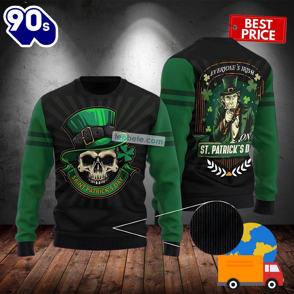 Everyone Irish On Sant Patrick Day With Skull Green Mens Ugly Sweaters 2025 Everyone Irish On Sant Patrick Day With Skull Green Mens Ugly Sweaters 2025