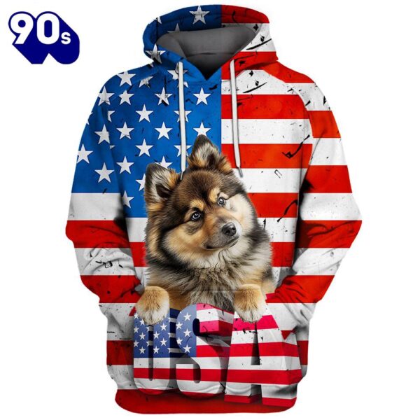 Finnish Lapphund Dog 3D Face Graphic Premium America Flag Hoodie   Gift Christmas