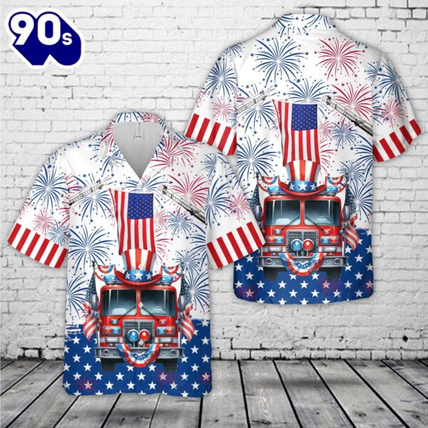 Fire Truck Firefighter, 4th Of July Hawaiian Shirt 1