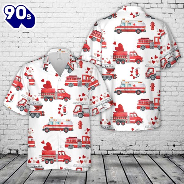 Fire Trucks and Valentine Hearts Hawaiian Shirt