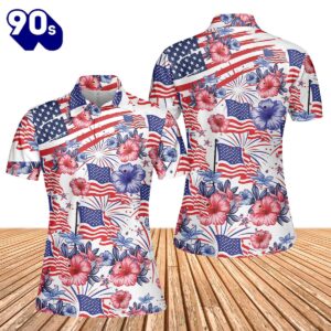 Flower American Flag 4th Of July Women’s Polo Shirt Gift Summer