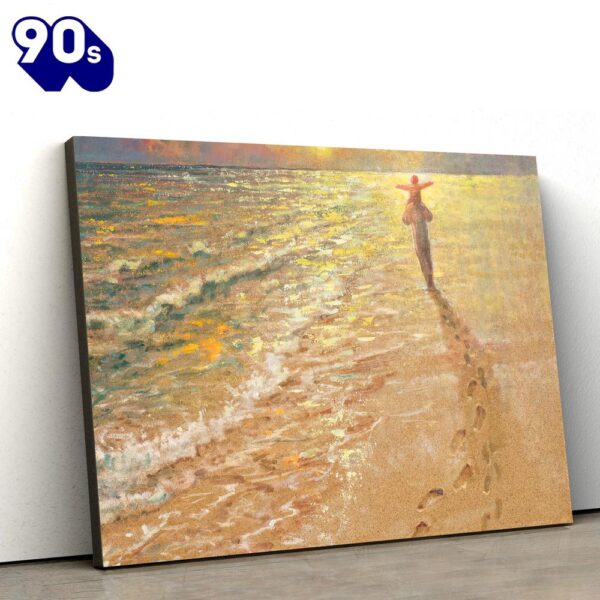 Footprints In The Sand Canvas Wall Art Jesus & A Child Walk On The Beach Poster Canvas