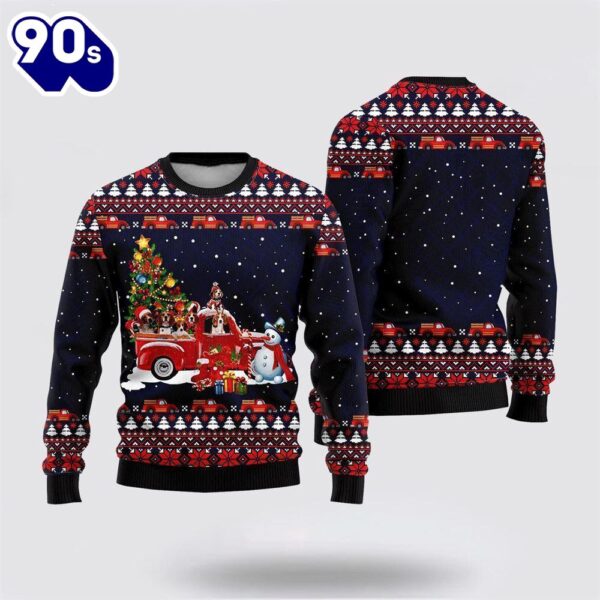 Merry Christmas  Funny Dogs With Red Truck Christmas Holiday Ugly Christmas Sweater For Men And Women