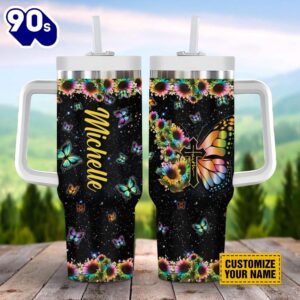 Christian Galaxy Faith Cross Butterfly With Sunflowers Stanley Tumbler 40oz
