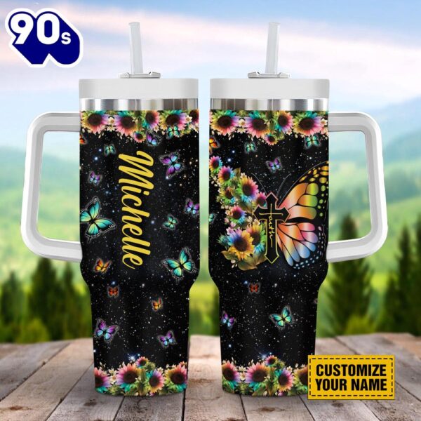 Christian Galaxy Faith Cross Butterfly With Sunflowers Stanley Tumbler 40oz
