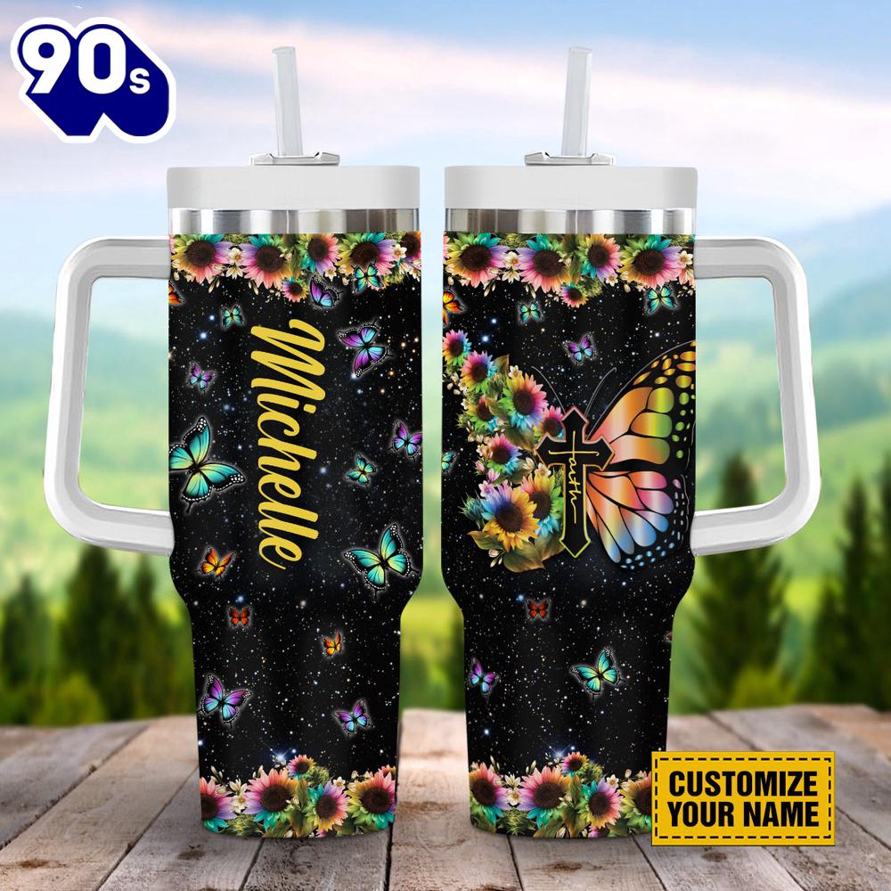 Christian Galaxy Faith Cross Butterfly With Sunflowers Stanley Tumbler 40oz Christian Galaxy Faith Cross Butterfly With Sunflowers Stanley Tumbler 40oz